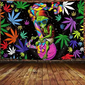 60in x 40in tapestry Viajar Trippy Weed Marijuana Tapestry Cool Alien Marijuana Leaf Tapestry for Bedroom, Psychedelic Tie Dye Stoner Tapestries for Men Weed Aesthetic Hippie Wall Art Poster for Dorm (60X40 Inch), Yellow