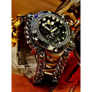 Men's Punk Style Casual Analog Watch, 316L Stainless Steel Ip Plated, High Precision Quartz Chronograph, Rotating Bezel, Durable Design for Daily Wear