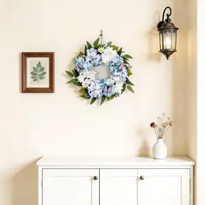 Lifelike Blue and White Hydrangea Spring Wreath – Artificial Floral Wreath with Butterflies, Daisies – Farmhouse Front Door, Wall, Window, or Wedding Decor – 20 Inch