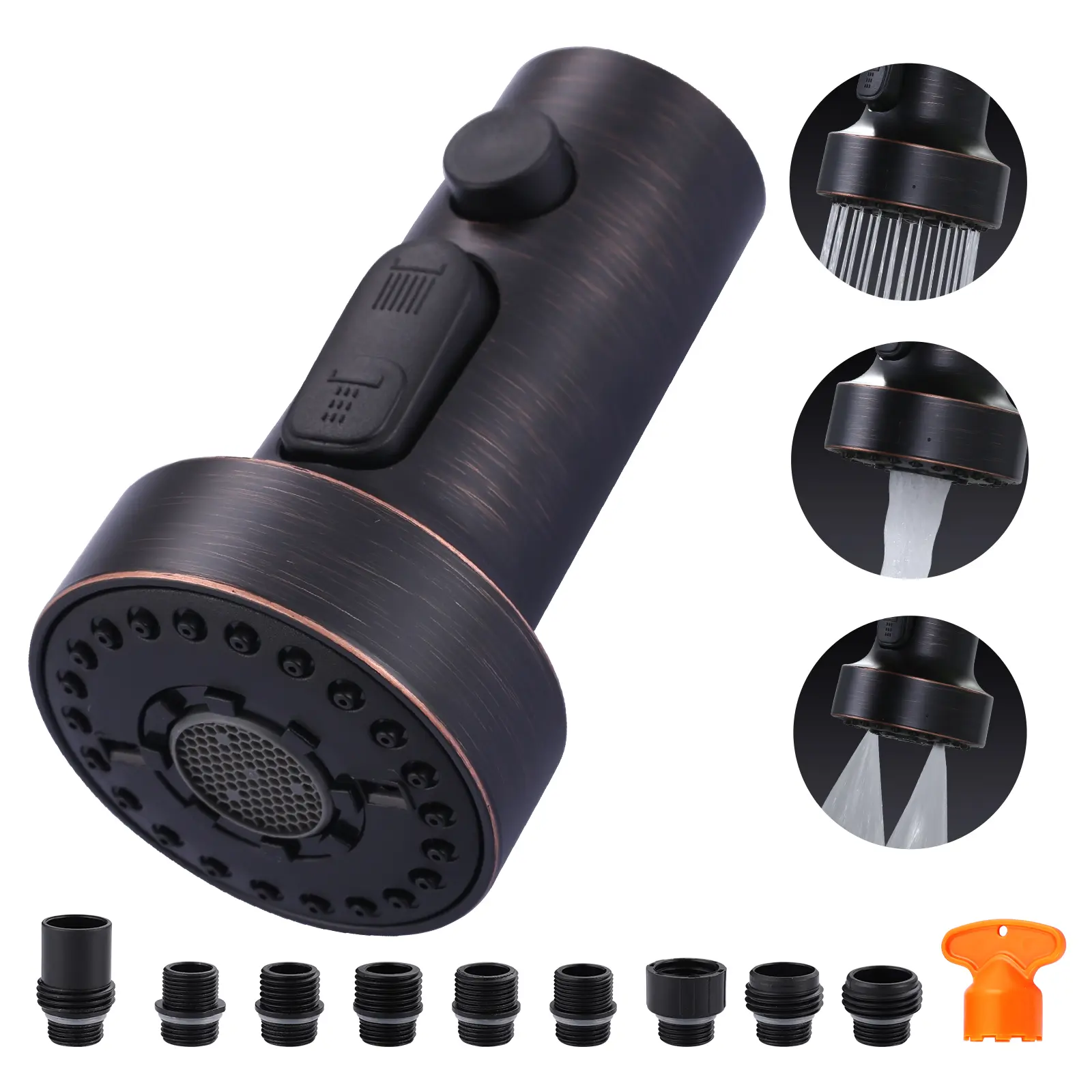 WOWOW Pull Down Pull Out Kitchen Faucet Head Replacement - 3-Function Faucet Sprayer Attachment, 9-Piece Adapter Set, Oil Rubbed Bronze Kitchen Sink Fixture Accessory, Pull Out Faucet