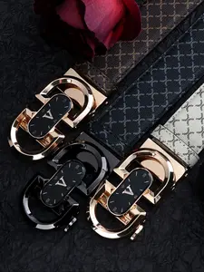 Men's Fashion V Letter Belt, Genuine Leather Business Casual Geometric Print Waistband, Durable Scratch-Resistant Daily Commute Pants Belt, Trendy Exquisite Belt