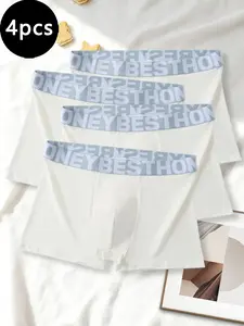 4Pcs Men's Summer Light Color Long Boxer Briefs, Cool Breathable Ice Silk Underwear