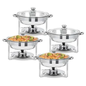 GARVEE 4-Piece Stainless Steel Round Chafing Dish Set with Tempered Glass Lids, Food & Water Pans, and Fuel Holders - Ideal Commercial Buffet Food Warmers for Events and Catering