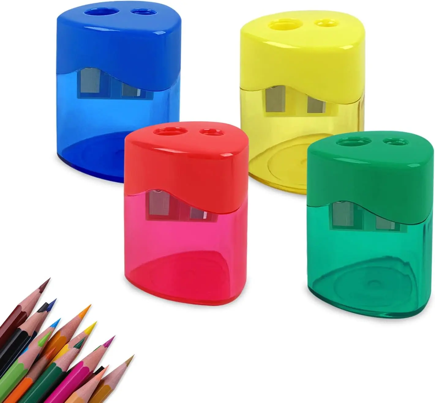 4-Pack Compact Dual-Function Pencil Sharpeners - High Carbon, Sharpens Fast, Dual Holes, Easy-Clean Base, Visible Shavings, for Colored/Graphite Pencils, Assorted Colors, Back to School Haul Essential for Art Students, Shaving Visible, Craft Stations