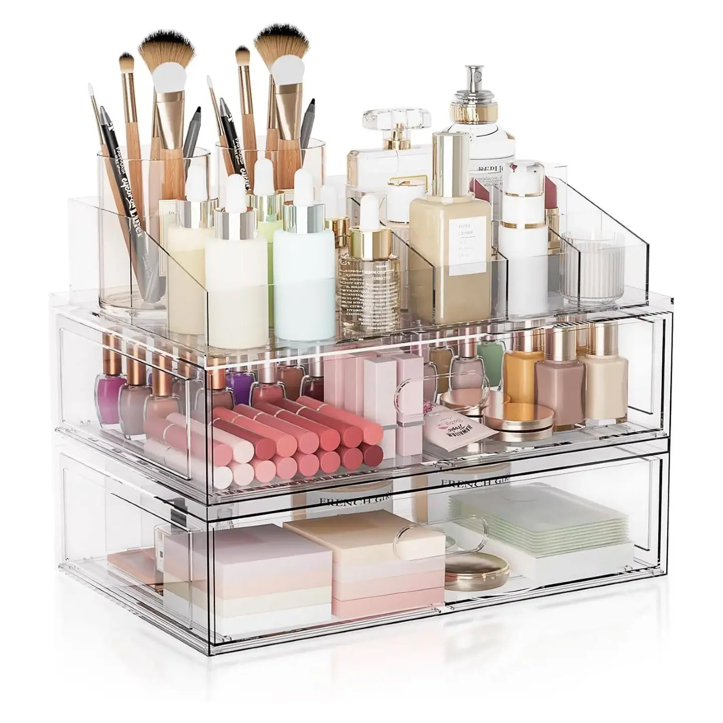 12 Inch Wide Clear Stackable Acrylic Makeup Organizer with Drawers, Cosmetic Display Storage Case, Multipurpose Vanity Countertop Holder for Lipsticks Brushes Skincare & Perfume, Bathroom Beauty Storage Rack jewelry box