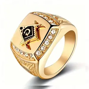 Fashion Gold Color Synthetic Zirconia Masonic Logo Ring for Men Daily use, party, anniversary gift for friends and relatives
