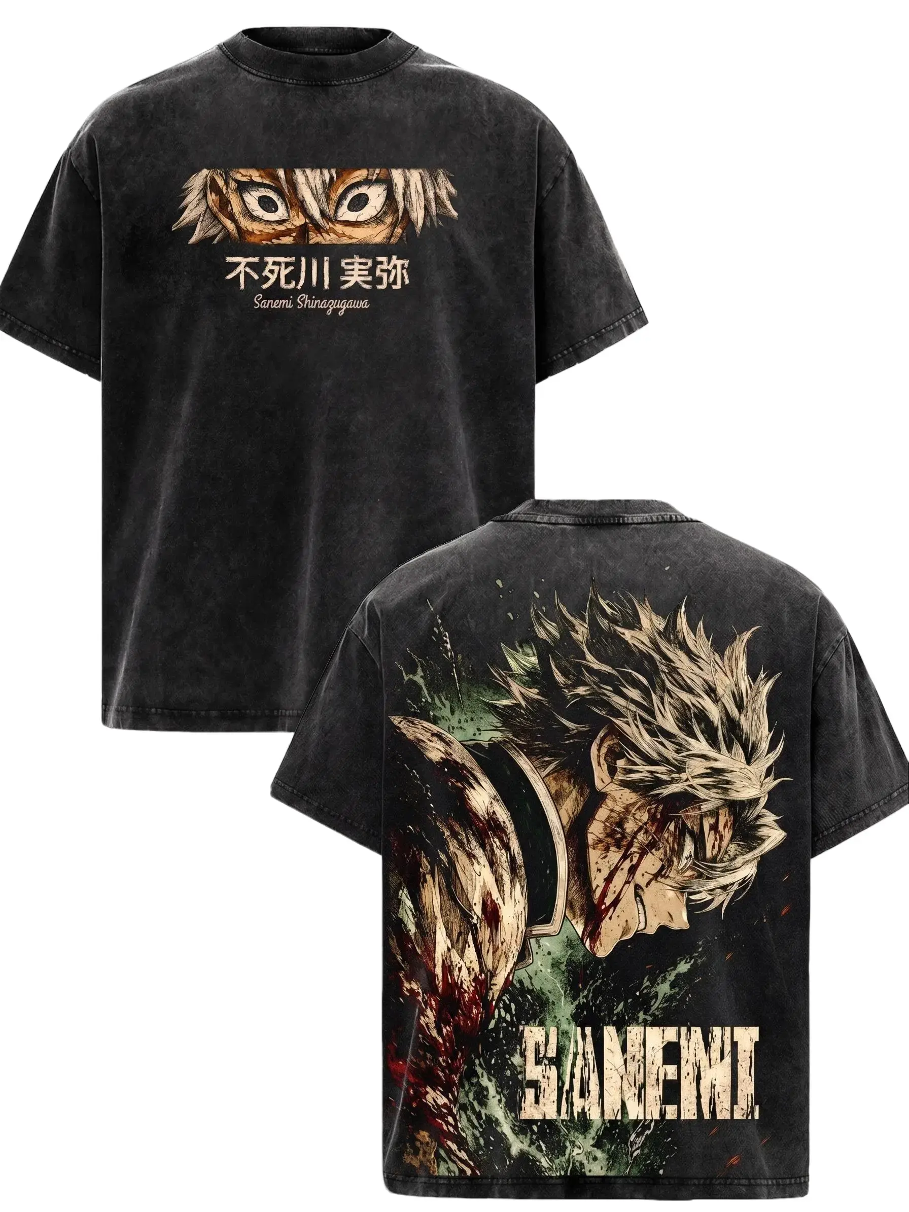 Vintage Washed Sanemi Shinazugawa Graphic Tee Men's Oversized 260GSM Heavyweight Cotton T-Shirt Demon Slayer Anime Merch Wind Hashira Back Print Streetwear Top For Gym Pump Cover Casual Outfits Japanese Y2K Retro Manga Apparel Otaku Fan Gift Aesthetic