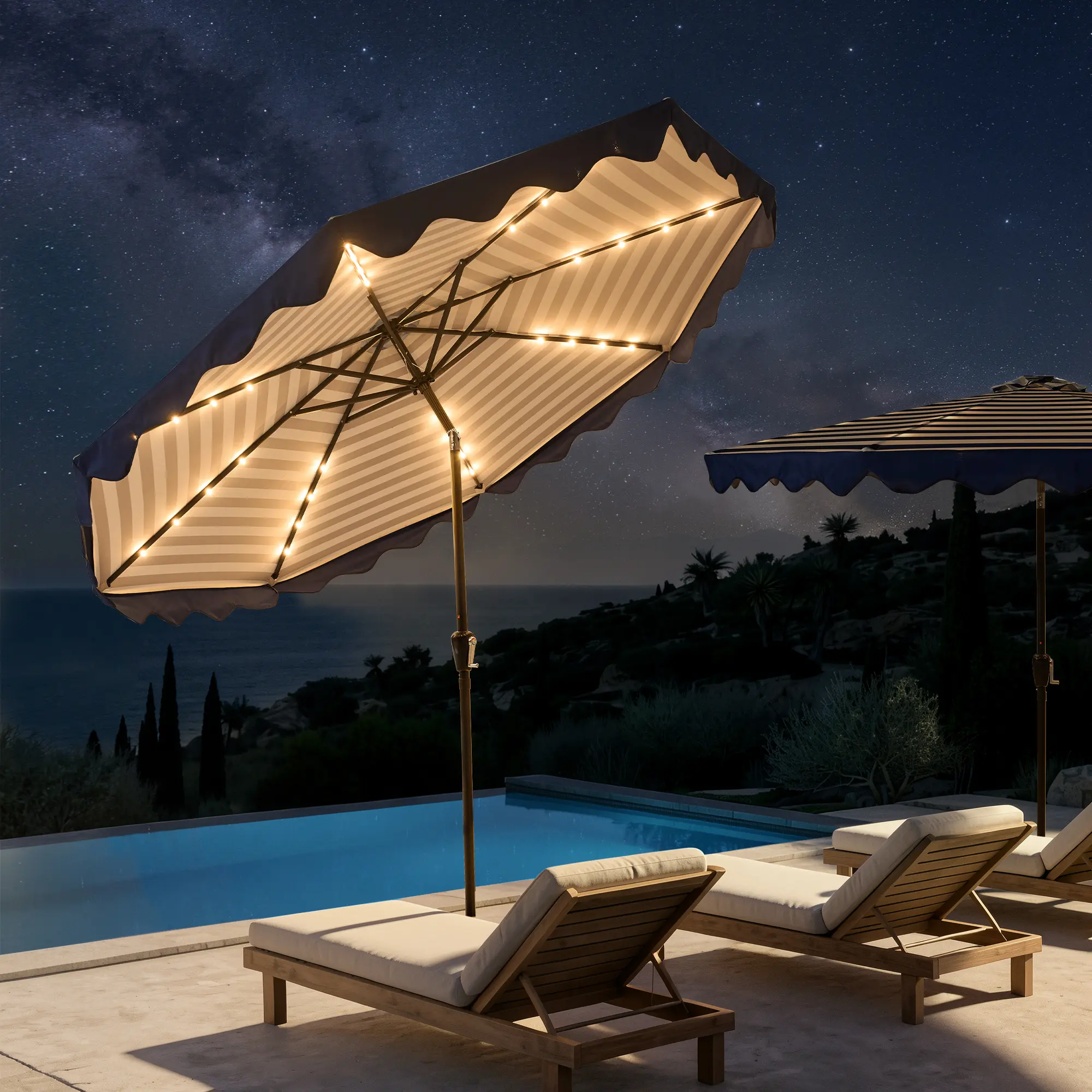 【Stock Up Deals】Ovios 10Ft Outdoor Patio Umbrella with 32 LED Lighted 8 Sturdy Ribs, Outdoor Table Umbrella with Push Button Tilt and Crank, Backyard Umbrella, Market Umbrella for Garden, Deck, Pool and Beach