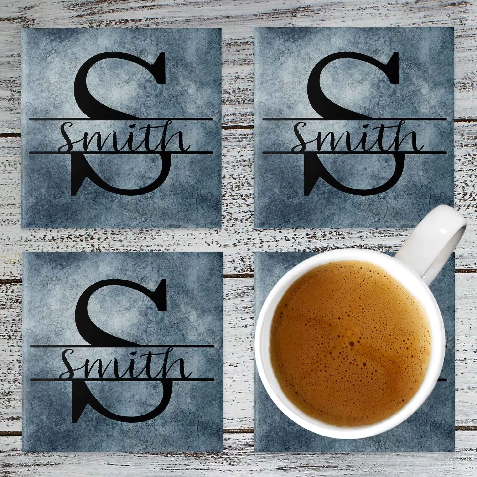 Personalized Coasters | Custom Stone Coaster Set | Blue Monogram | Set of 4