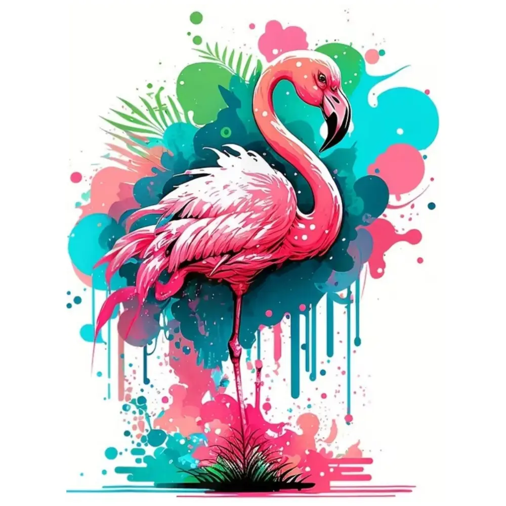 Vibrant Pink Flamingo Standing On One Leg With Colorful Splatter Art Painting 5D DIY Diamond Painting Cross Stitch Kit, Diy Kits, Full Drill Square Round Diamonds Embroidery Art Craft Home Wall Decor Unique Gift Decorative Painting Set