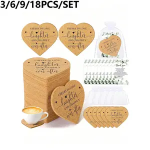 Wedding Gift Set, Cork Coasters, Heart-Shaped Wooden Coasters, Heat-Resistant Non-Slip, Includes Thank You Card and Organza Bag