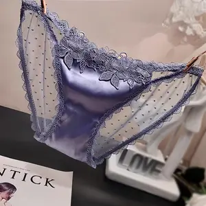 European and American sexy and fashionable satin lace underwear for women, seamless transparent embroidery hollow seamless perspective triangle pants for women Womenswear Panties