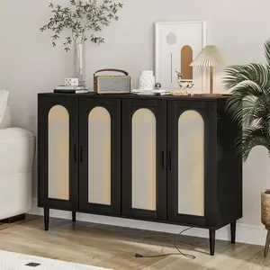 Rattan Cabinet with Power Outlet, Boho Sideboard Buffet with 4 Doors, with Adjustable Shelf for Hallway, Dining Room, Living Room, Bar (Black)