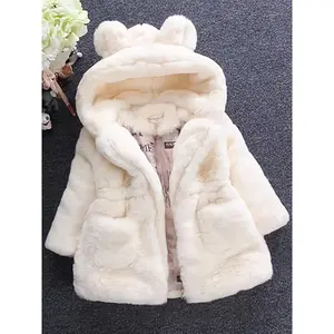 2025 New Girls' Faux Fur Hooded Coat with Full Ear Design Thick Plush Coat Super Warm