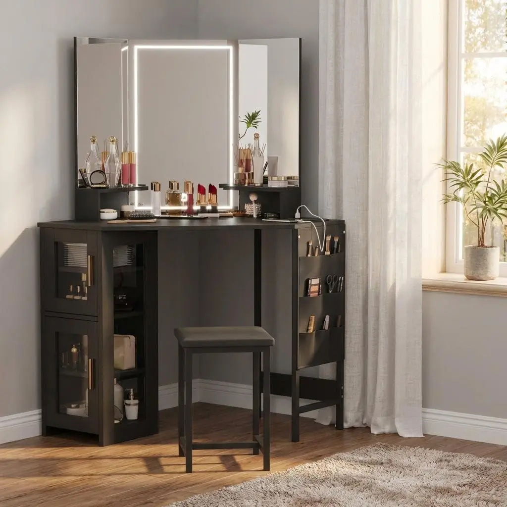 Corner Vanity Desk Set for Bedroom in Black, Space-Saving LED Lighted Mirror Charging Station Storage Cabinet Stool Built-in Outlets