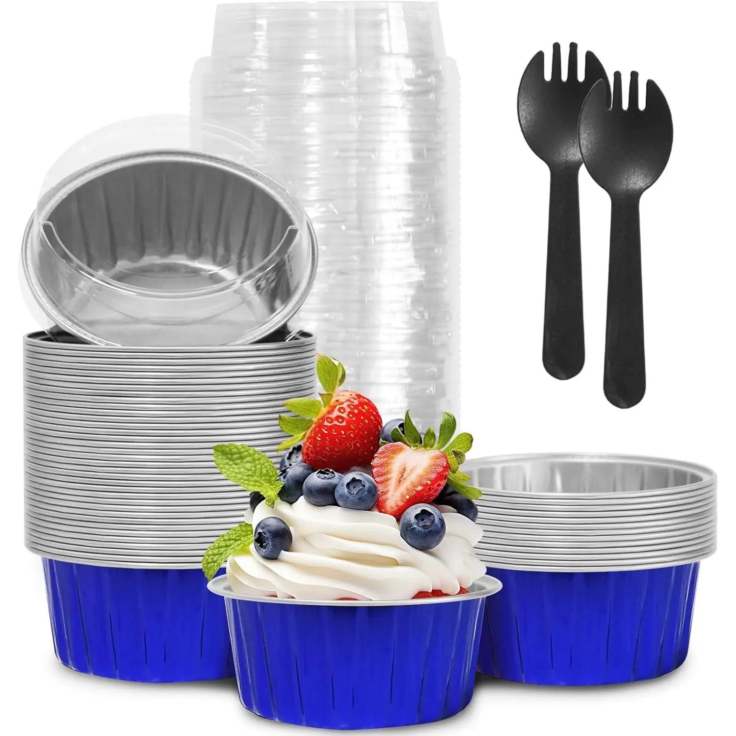 4th of July 50 count Mini  Foil Cupcake Baking Cups,5oz Mini Cake Pans Disposable, Loaf Pans with ,Disposable Ramekins,Tin Cups Containers for Cupcake,Pudding,Muffin(50, Blue)