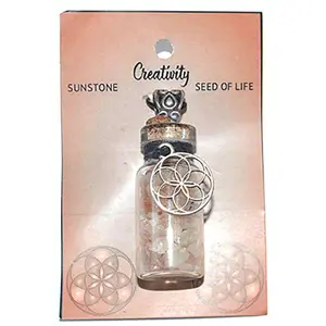 Sunstone Chips in Bottle Necklace with Seed of Life Charm
