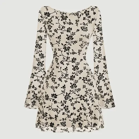 【Black Friday】Women's Floral Print Backless Flounce Sleeve Dress, Flower Dress, Elegant Round Neck Long Sleeve A-Line Dress for Party Holiday Wedding Guest, Ladies Womenswear