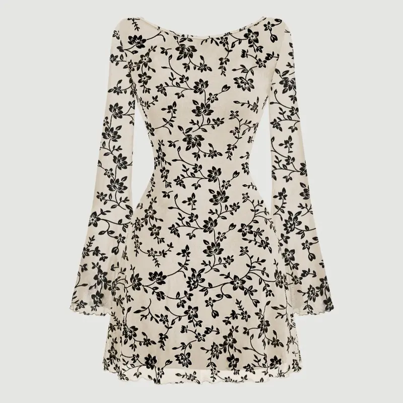 【Black Friday】Women's Floral Print Backless Flounce Sleeve Dress, Flower Dress, Elegant Round Neck Long Sleeve A-Line Dress for Party Holiday Wedding Guest, Ladies Womenswear