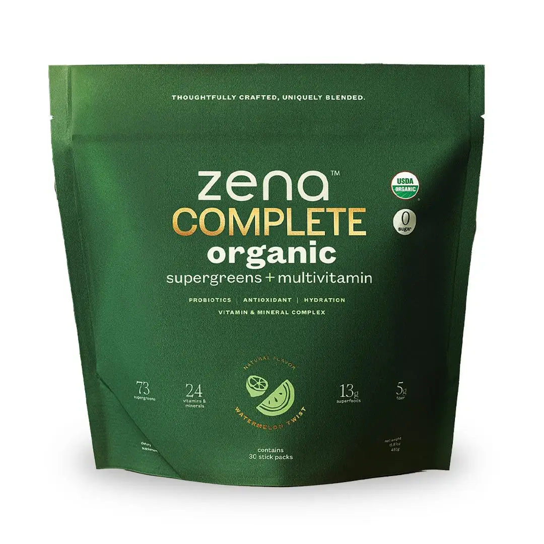 Zena Complete Organic Super Greens + Multivitamin - 30 Stick Packs | 90+ Superfoods, Prebiotics, Probiotics, Vitamins & Fiber | Watermelon Citrus Flavor | USDA Organic Healthcare - Essential Aminos Supplement Drink Mix Daily Cleanse Supplement