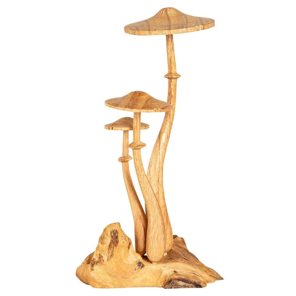 Hand-Carved Triple Mushroom Wooden Sculpture | Nature-Inspired Decor