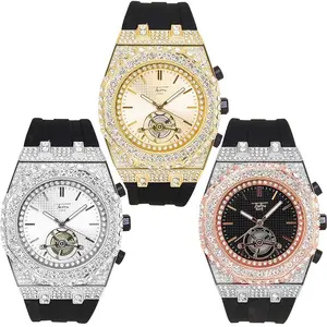MaxBling81 Men's Modern Fashionable Wristwatch - Iced Rhinestone Decorated Octagonal Dial Diamond Wrist Watch, 42mm Adjustable Black Silicone Band, Stainless Steel Back, Analog, Hardlex Glass, Waterproof Quartz Hip Hop Style Watch
