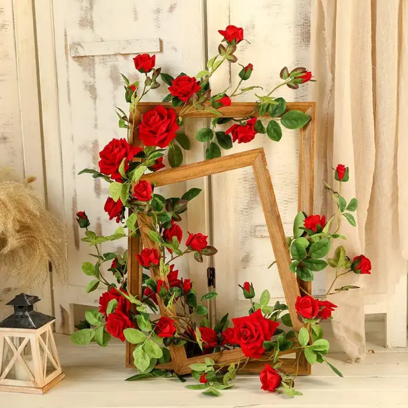 6FT Bendable Rose Garland, Artificial Rose Vine Hanging Flowers Decoration for Weding Wall Home Room Decor (Red)