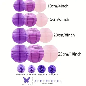 17 pieces of purple paper lanterns and butterfly decorations - elegant wedding, bridal party, birthday party decorations,