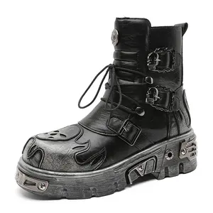 Gothic Punk Platform Boots for Men, Skull Motif Chunky Sole Motorcycle Boot, Edgy Streetwear Footwear for Daily & Party 561220-N