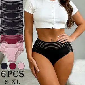 6PCS Solid Color Striped Belt Sexy Cutout Lace Women’s Panties Skin-Friendly Butt-Lifting Breathable Triangle Briefs for Everyday Wear and Dates