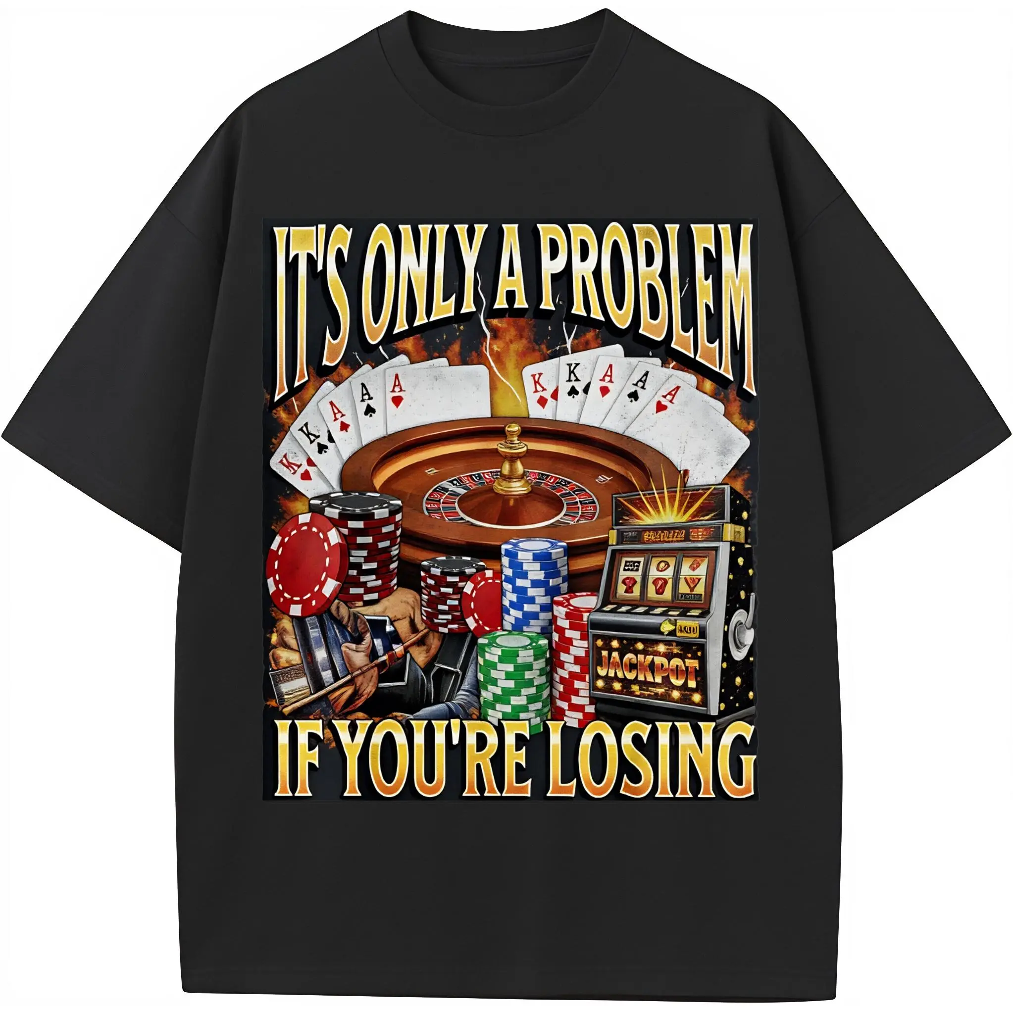 Men's Cotton Graphic Tee - Short-Sleeve Round Neck T-Shirt, Funny "It's Only A Problem" Gambling Print, Soft Stretchy Breathable Fabric, Ribbed Hem, Durable Stitching, Minimalist Streetwear Top, Ideal for Father's Day, Shortsleeve, Tshirt
