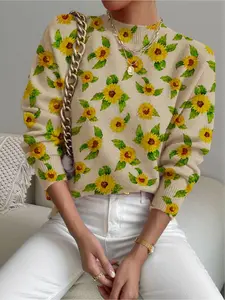 Women's Sunflower Floral Print Stand Collar Sweater, Fall Winter Casual Long Sleeve Knitwear, Comfortable Warm Daily Wear