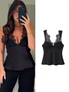 Women's Elegant Basic Lace Spaghetti Strap Top, Sexy Patchwork Sleeveless Vest, Fashion Slim Fit Vintage Streetwear, All Seasons Wear