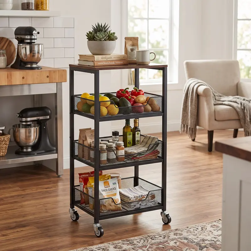 4-Tier Storage Cart on Wheels with Wood Top Metal Utility Organizer Trolley Cart for Pantry, Office, Bathroom Rolling Fruit Vegetable Basket Stand for Kitchen