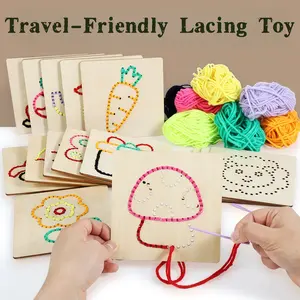 Children Sensory Training Wooden DIY Lacing Board Puzzle Toy, Portable, Fine Motor Skills, Focus Improvement, Educational Gift, 16 Patterns Included