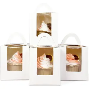 100Packs Cupcake Boxes Individual Cupcake Holders Disposable White Single Cupcake Boxes with Window 3.7 * 3.7 * 4.5inch Cupcake Containers
