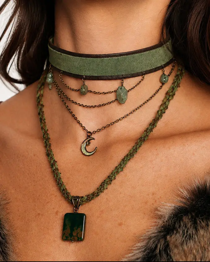 iHeartRaves Emerald Moon Stacked Costume Jewelry Necklaces Set, Unisex Metal Chain Accessories for Casual Wear & Layered Look with Moon Motif