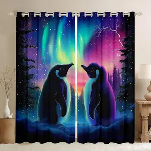 Penguin Blackout Curtains (2 Panels) Northern Light Curtains for Bedroom Living Room Galaxy Northern Light Decor Darkening Drapes