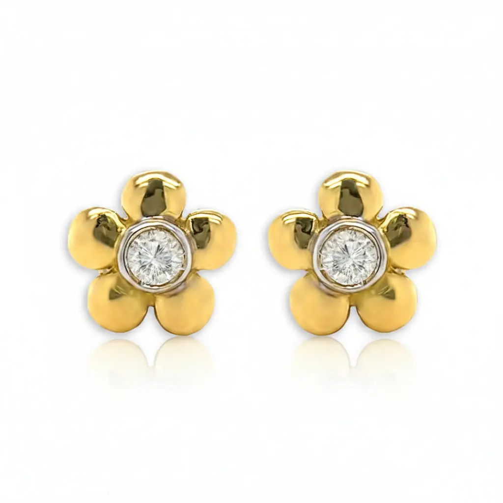 Mini Flower Bezel Diamond Stud Earrings – 18k Gold