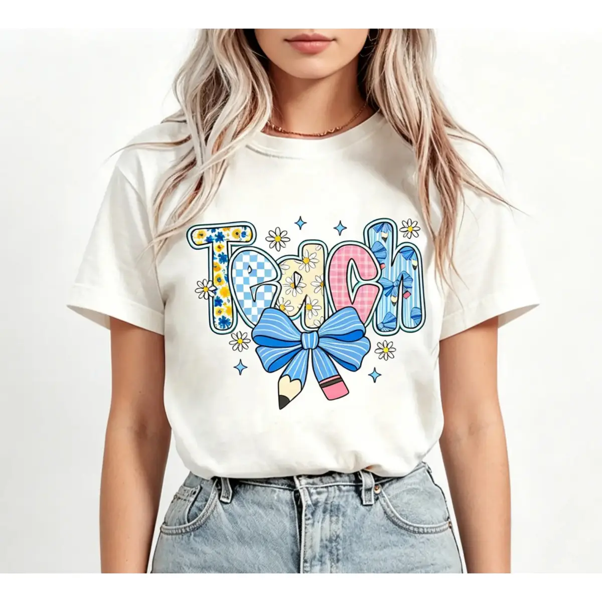 Oversized Graphic Tee Preppy Teacher Floral Coquette Shirts, Teach Blue Floral Tee, Preppy Teacher Tops, Pencil Bow Teacher Checkered T-Shirts Oversized Boxy Fit Streetwear Basics Unisex T-shirts S-5XL,fem,cnashirt,womens,camisas,perfect,salon,mystery