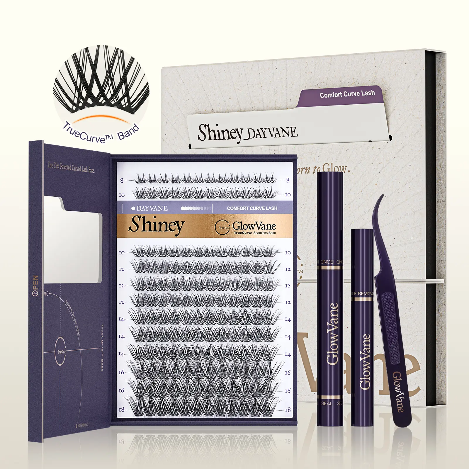 GlowVane TrueCurve Lash Clusters Kit 0.03mm Invisible Curved Band Soft Lightweight 8-18mm DD Curl DIY Lash Extensions for Beginners Seamless Eye Fit Zero Strain