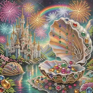 Castle Fireworks Rainbow Shell Jewelry Pattern Adult 5D-DIY beginner diamond painting kit for creativity - 1 irregularly shaped crystal diamond painting kit, perfect holiday gift, suitable for decora