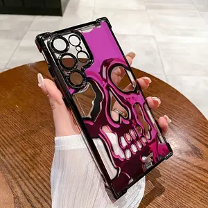 Phone Case Compatible with Samsung Galaxy S23 Ultra S24 Plus S25 S22+ FE Edge Pink Skull Pattern Anti-drop Durable Total Protective Shockproof Transparent Cover Casing