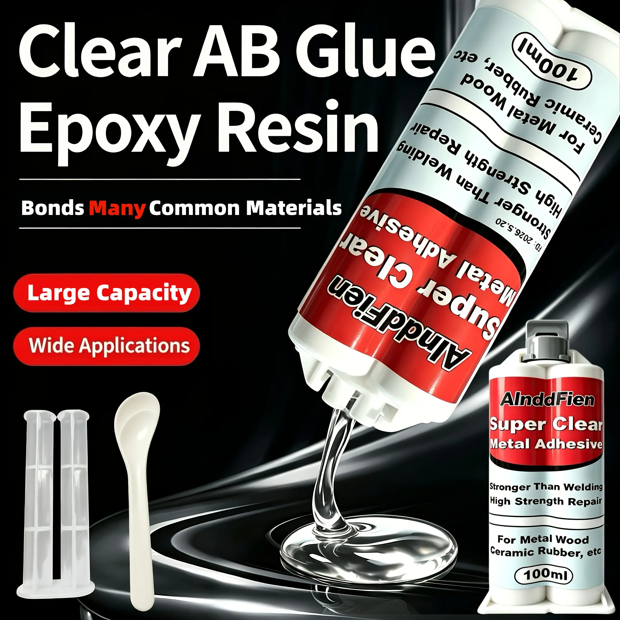 2-Part Clear Epoxy Resin AB Glue, 5-Minute Curing Adhesive, Transparent After Solidification, Easy to Use, Long-Lasting Stable Firm Bonding for Plastic, Wood, Metal, Ceramic, Marble, Leather & More