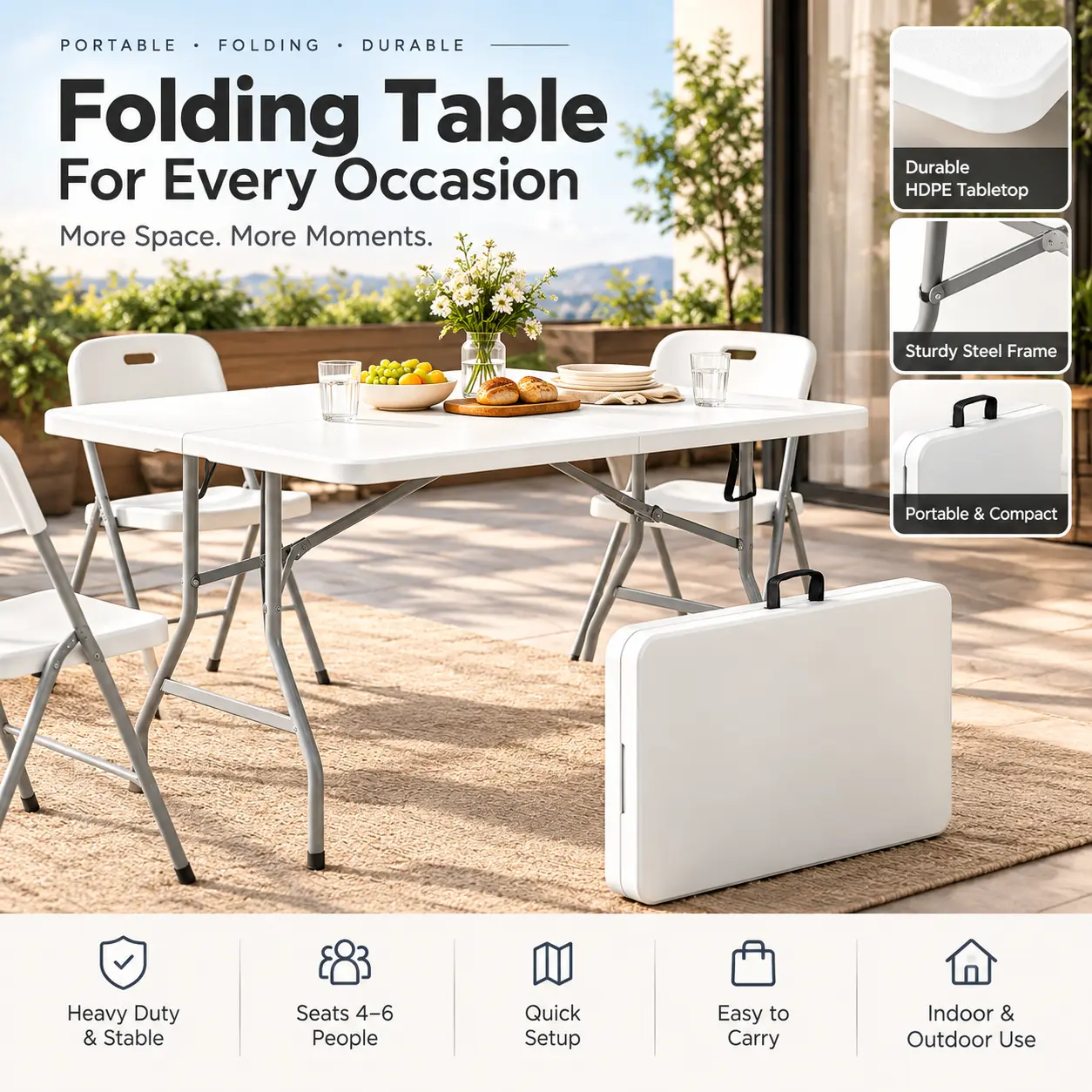 6FT Folding Table, Heavy Duty Plastic Foldable Tables with Carry Handles,Fold-in-Half Portable Utility Tables with Steel Legs for Party,Wedding,Banquet, Camping,Picnic,Event,Indoor Outdoor,White