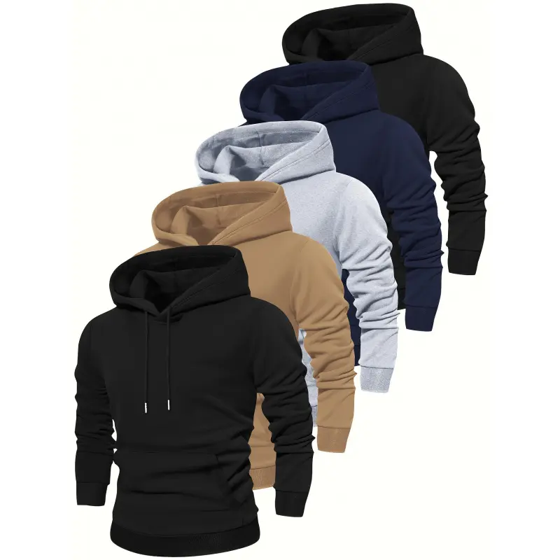[5pcs Men's Hooded Sweatshirts] 5pcs Men's Hooded Sweatshirts|     Solid Color Long Sleeve Pullover Hoodies with Drawstring & Kangaroo Pocket, Regular Fit Casual Sportswear for Spring/Fall, 5 Colors (Black/White/Grey/Navy/Beige)