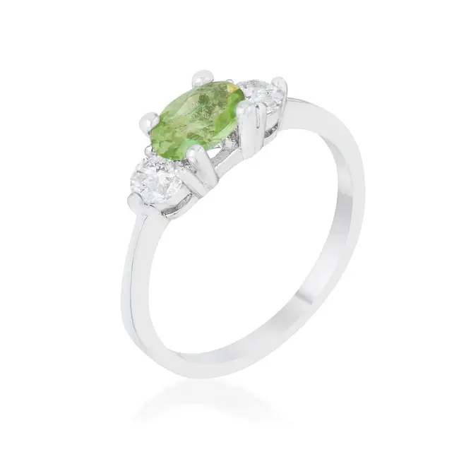 Peridot Stone Engagement Ring for Women, Classic 1.2 CT Oval Cut 3-Stone Design with CZ Accents, Rhodium Plated, Size 8, Classic Wear, Cubic Zirconia