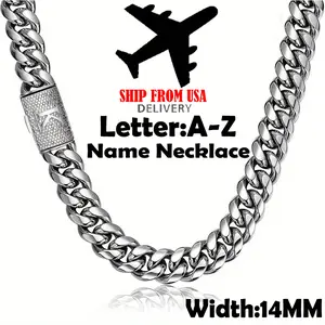 14MM Letter A-Z Initial Name Necklace Charm Jewelry Miami Cuban Link Chain For Men High Polish Stainless Steel Chain For Gift