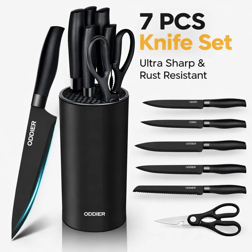 ODDIER 7-Piece Kitchen Knife Block Set with Ultra-Sharp Stainless Steel Knives, Utensils for Effortless Meat, Bread Cutting, Home Cooking Essentials
