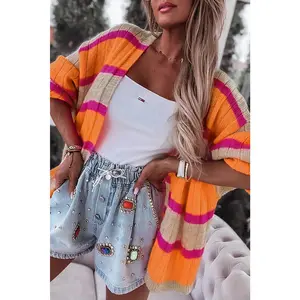Orange Stripe Print Ribbed Knit Sweater Cardigan